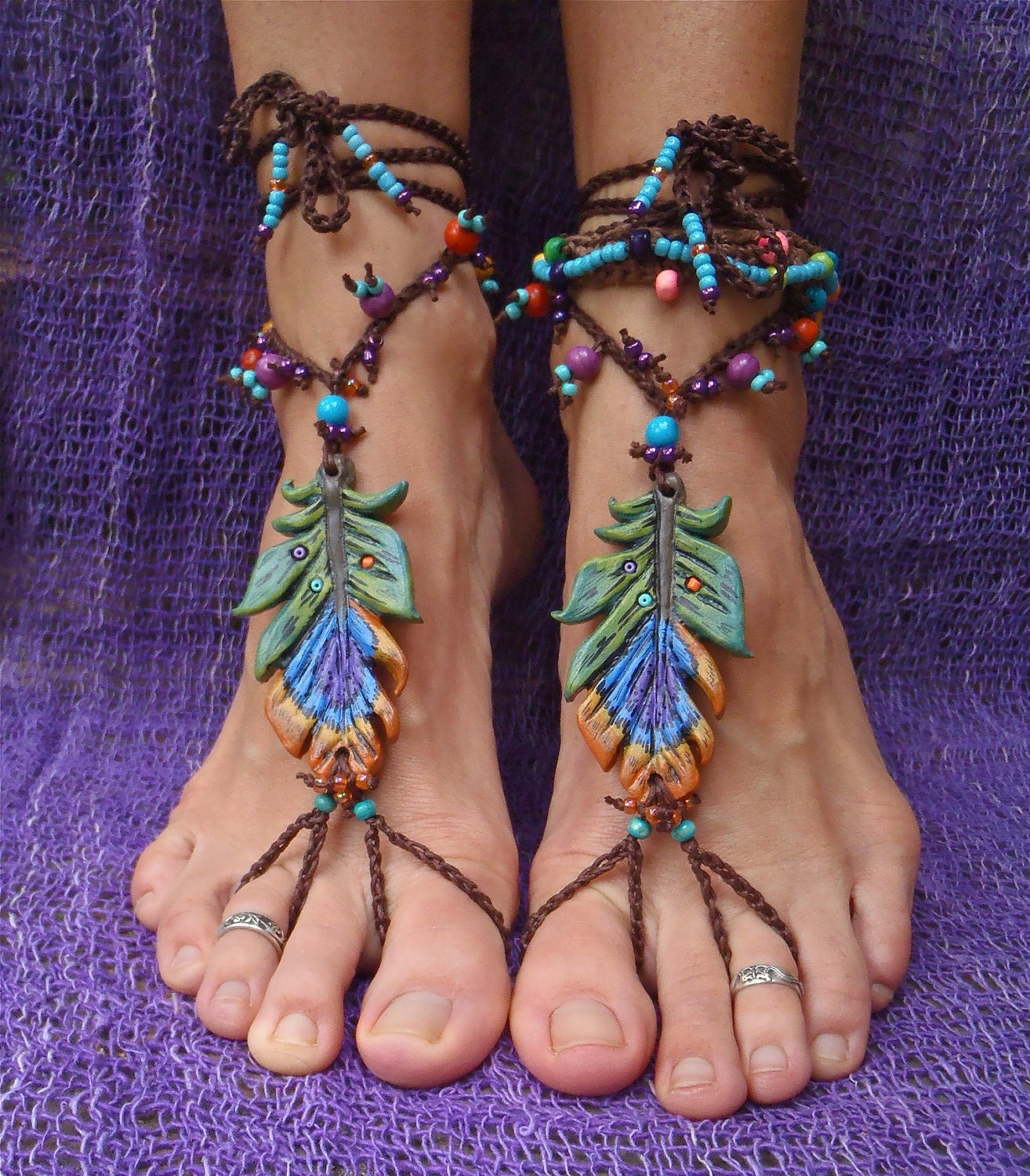 reserved GYPSY BAREFOOT sandals PEACOCK feather bridal sandals made to order hippie hula hooping belly dance foot jewelry beach