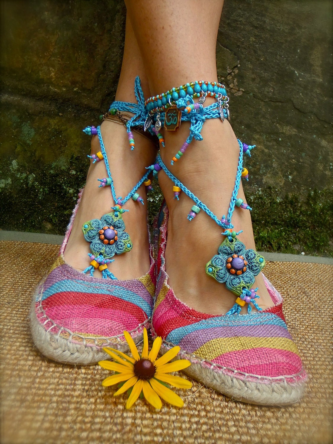 BLUE summer BAREFOOT SANDALS crochet sandals beaded sandals slave anklets foot jewelry beach wedding bohemian gypsy shoes