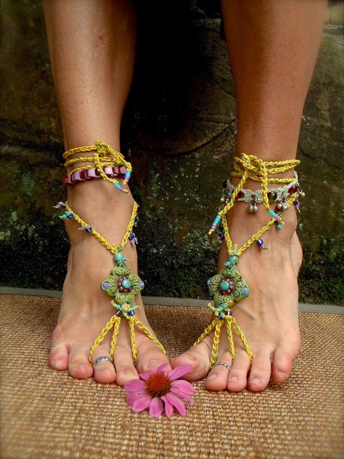 variegated PEA GREEN BAREFOOT sandals yellow crochet beaded sole less shoes beach wedding, bohemian gypsy shoes, photo shoot props