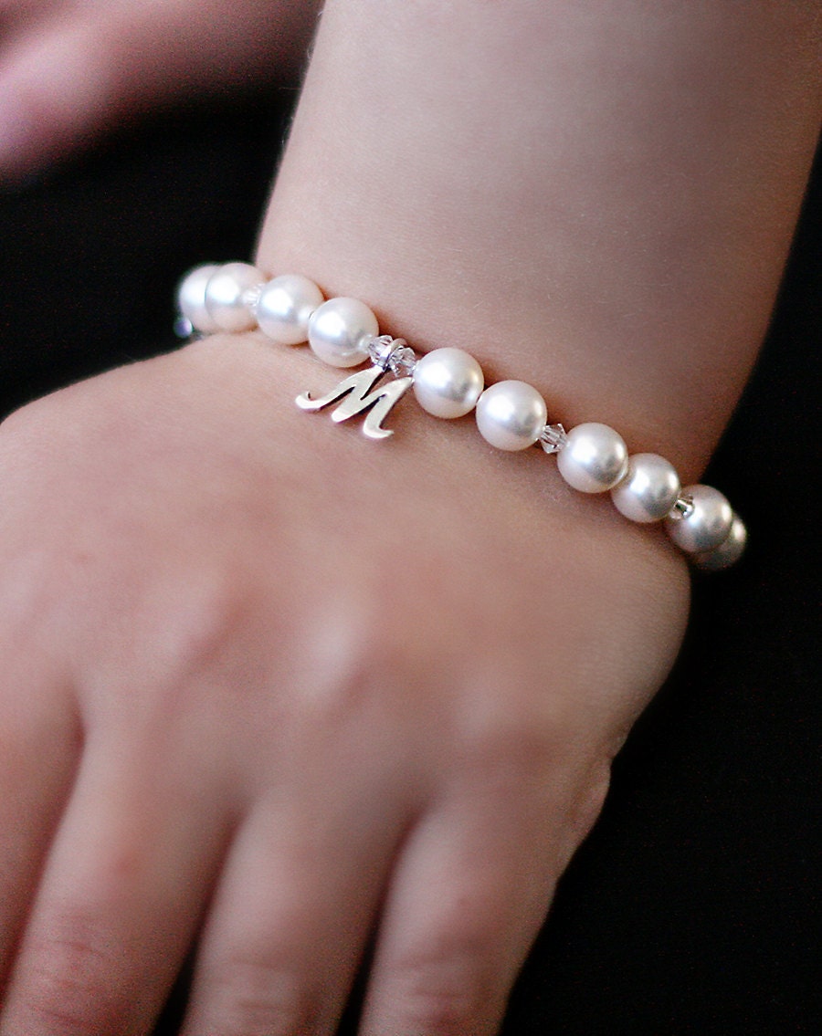 personalized initial charm and swarovski pearl baby bracelet