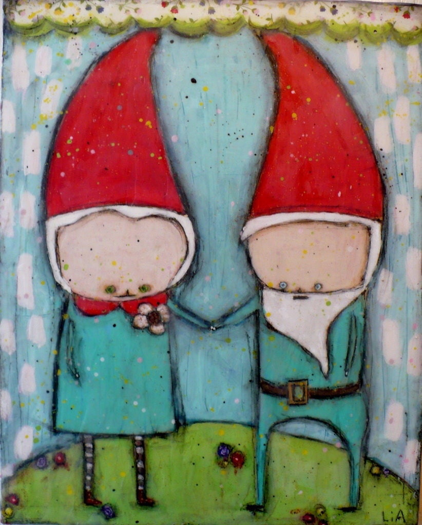 Encaustic mixed media painting Gnome Union love 8x10 Wood Burned Painting