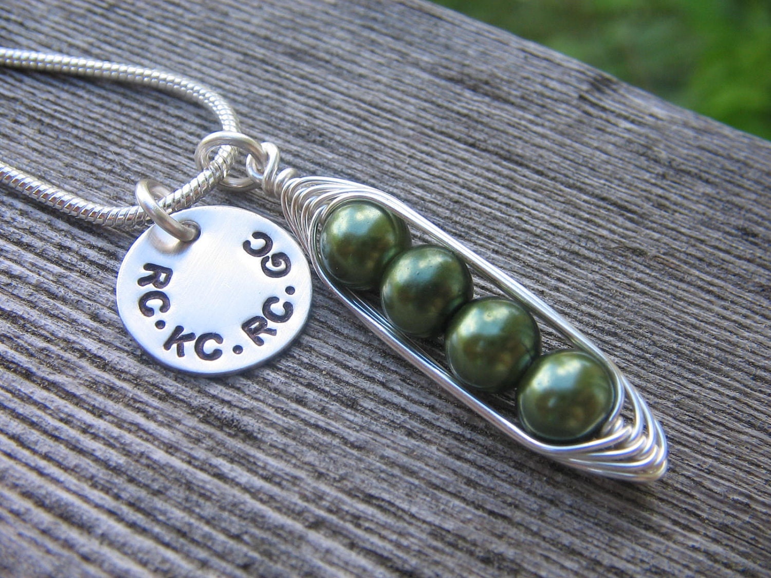 Pea Pod necklace with personalized disc  (24 colors) 2,3,4,or 5 peas