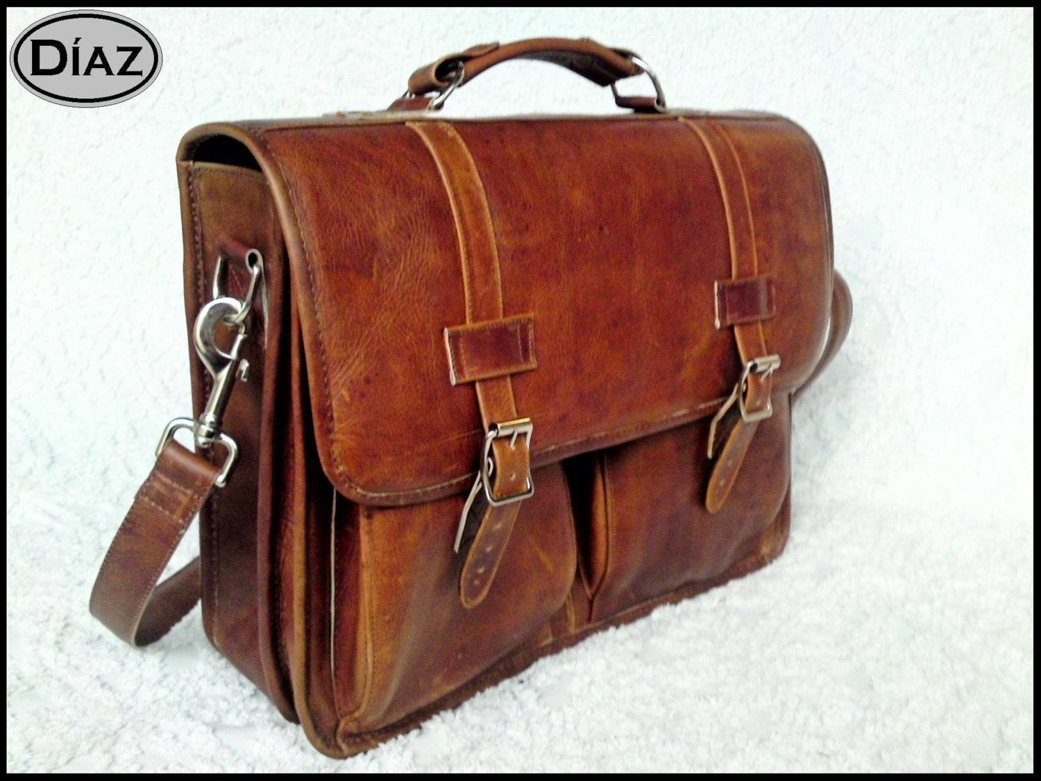 DIAZ Small Leather Messenger Briefcase / Backpack Laptop Bag Satchel Tanned Brown - (13in MacBook Pro) - Free Shipping -
