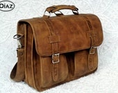 Large Geunine Leather Messenger Briefcase / Backpack Laptop Bag Texas Light Brown - (17in MacBook Pro) - Free Shipping