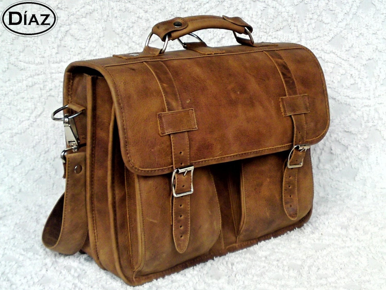 Large Geunine Leather Messenger Briefcase / Backpack Laptop Bag Texas Light Brown - (17in MacBook Pro) - Free Shipping