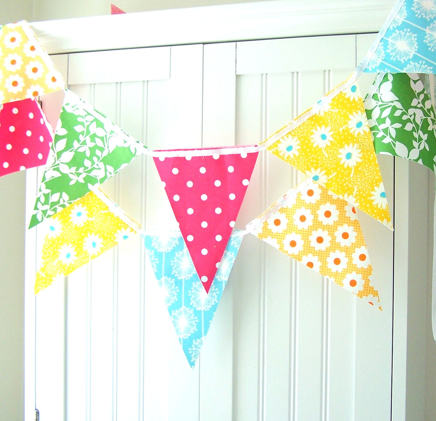 Girls Birthday Party Banner, 9 Feet Party Banner, Bunting, Yellow and Aqua Flowers, Bright  Pink Poka dot, Green Leaf, Orange, Baby Nursery