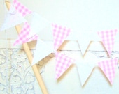 Mini Cake Party, Wedding Bunting, Banner, Pretty Pink Gingham and White Eyelet Lace, Spring Wedding, Girl Baby Shower