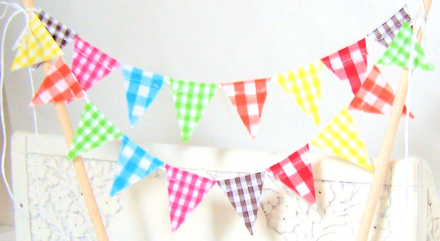 Safari Gingham Mini Birthday Party Cake Banner, Bunting, Yellow, Lime Green, Red, Hot Pink, Orange, Aqua Blue and Brown, Vintage Circus