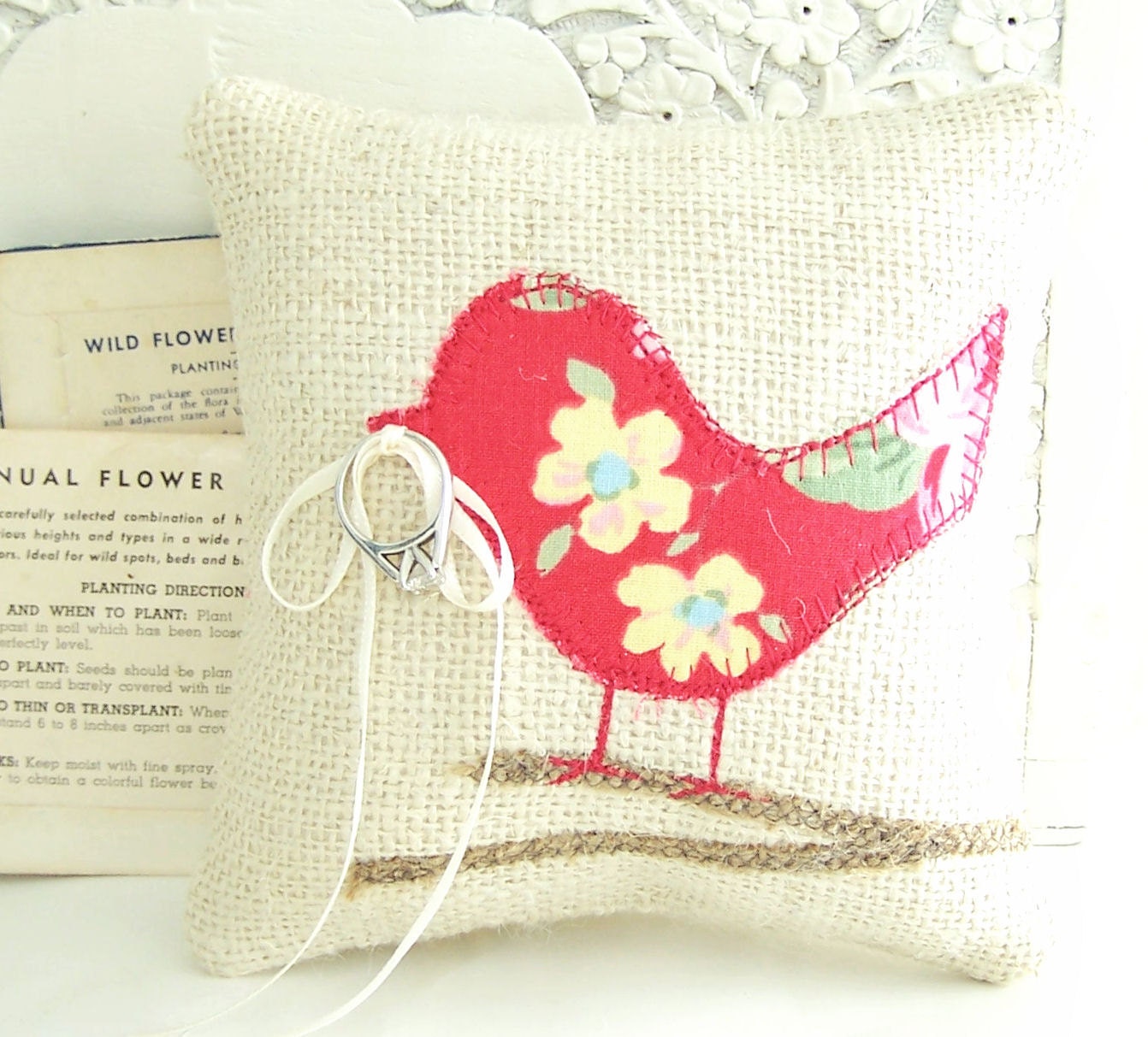 Wedding Ring Bearer Pillow, Love Bird, Natural Cream Colored Burlap Pillow, Burlap Branch, Bright Pink, Yellow Flowered, Spring Wedding