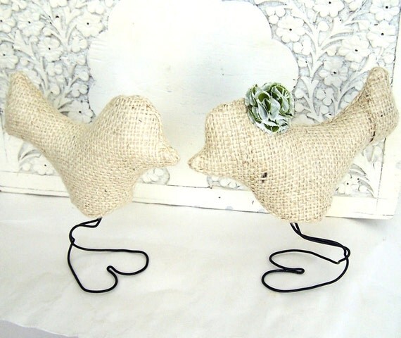 Custom Cream Burlap Love Birds Wedding Cake Toppers with Your Choice of Fabric for Flower, Spring Wedding, Wedding Gift, Personalize