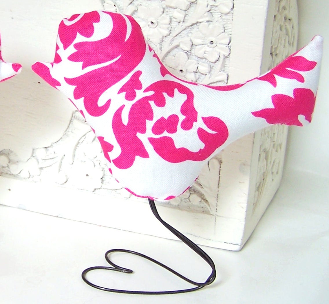 Wedding Cake Toppers Love Birds, Hot Pink and White Damask, Home Decor, Bridal Shower Decor, Baby Nursery Decor