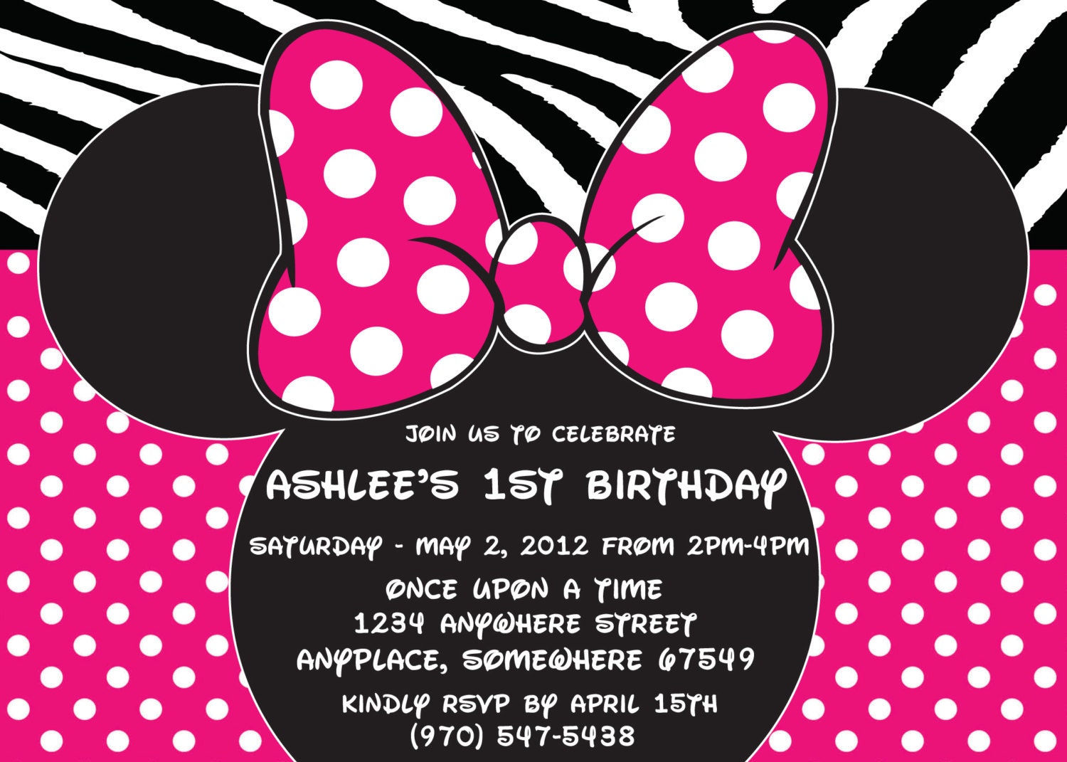 FREE FREIGHT Printed Invitations With Envelopes-Hot Pink Minnie Mouse-Polka Dot- 15