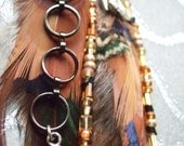 Feather Earring- Long, Single, Chain, Charms, Beads, Pearls, Pheasant ,Peacock, Un-dyed Natural Colors, Stripes, Brown, Gold, Blue, Black,