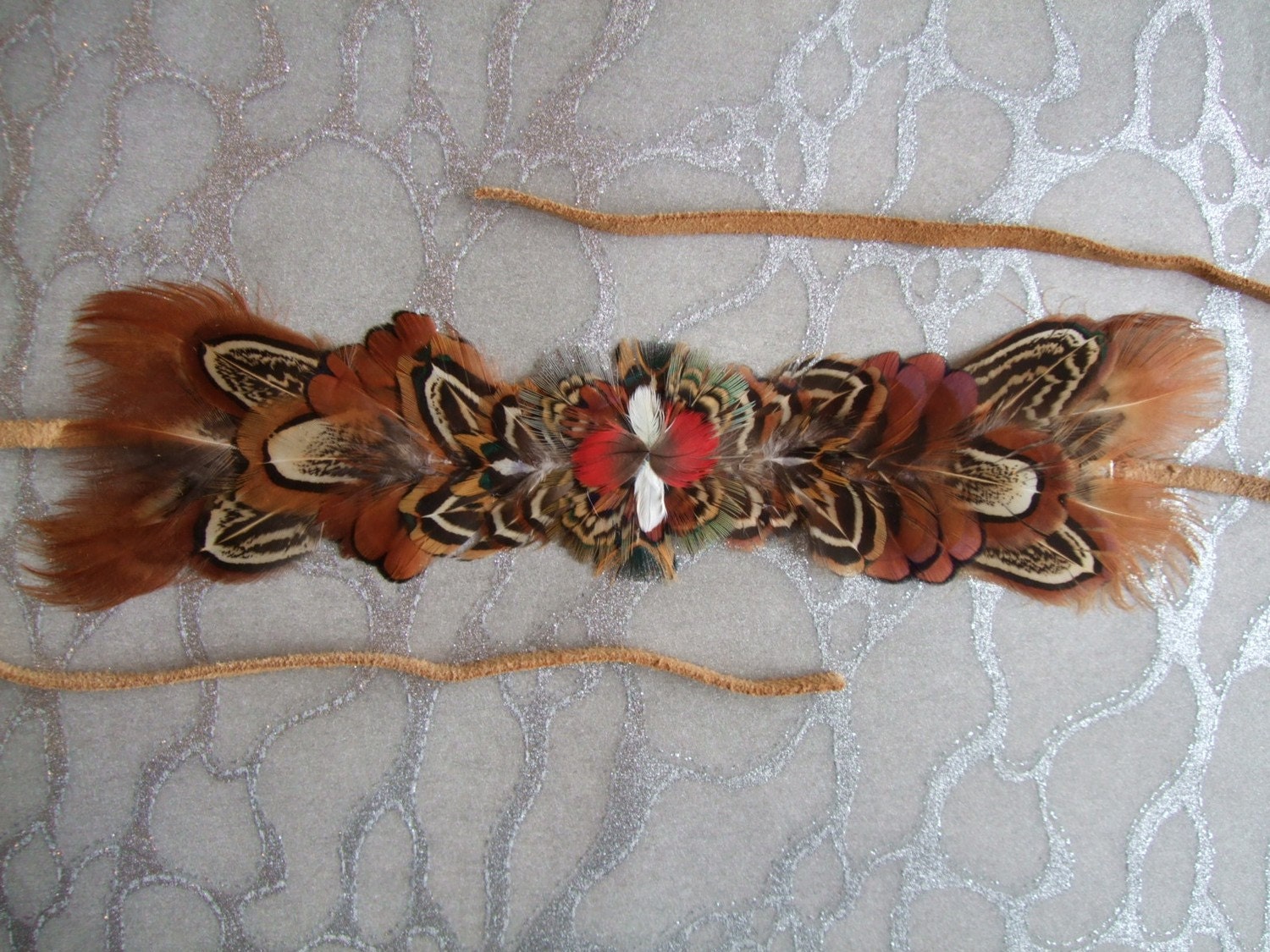 6 in 1 Feather  Headband / Choker / Armband / Bracelette / Anklette / Garter - on Leather w Laces - Pheasant & Parrot OOAK Custom Made