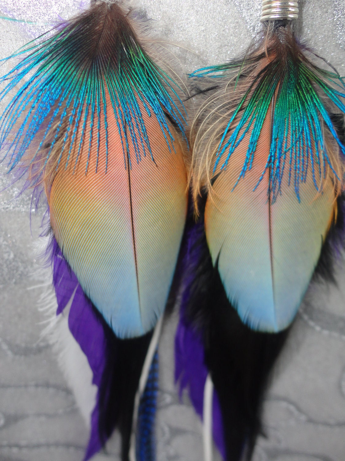 Feather Earrings - Rare Tri-colored Macaw Parrot Feathers in Sky Blue, Peach and Red w Blue Peacock w Long Purple,Blue Black & White Grizzl