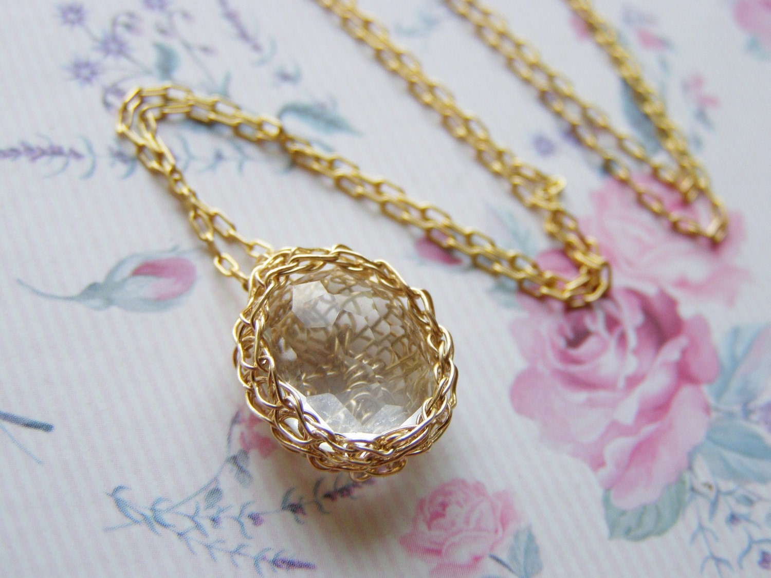 Crystal Quartz Necklace, Crochet Pendant, Goldfilled Wire,  Oval Clear Crystal Quartz Necklace
