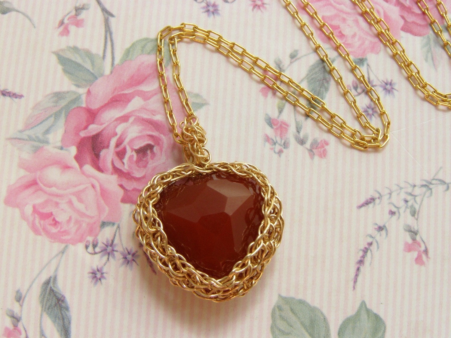 Valentines Day Heart Pendant Necklace, Crochet Goldfilled wire,  Heart Shape Carnelian Pendant, Valentines Day