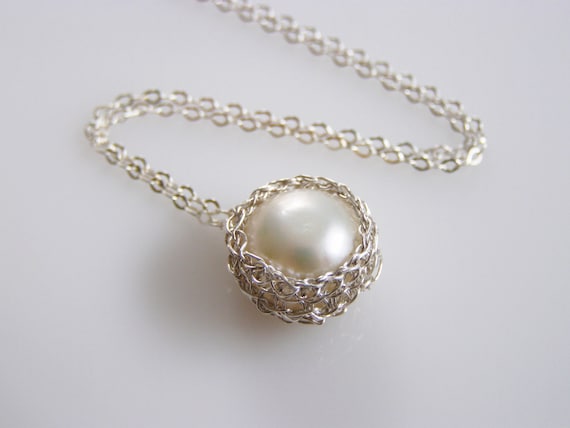 Pearl Pendant, Fine Silver Crochet Wire, Pearl Necklace, Crochet Silver, Bridesmaid Jewelry