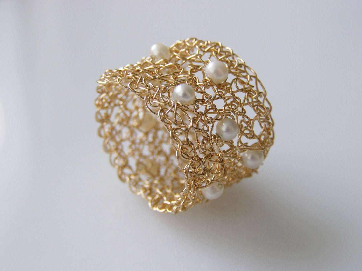 Crochet Ring, Bridesmaid Ring,  Goldfilled Ring, Wire CrochetJewelry, Pearl Ring