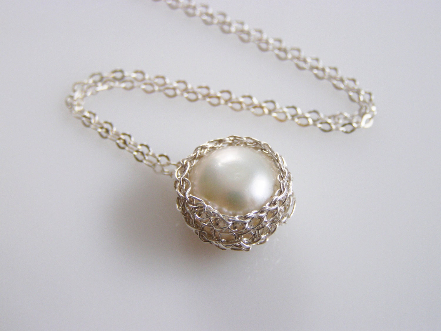Pearl Pendant, Fine Silver Crochet Wire, Pearl Necklace, Crochet Silver, Bridesmaid Jewelry