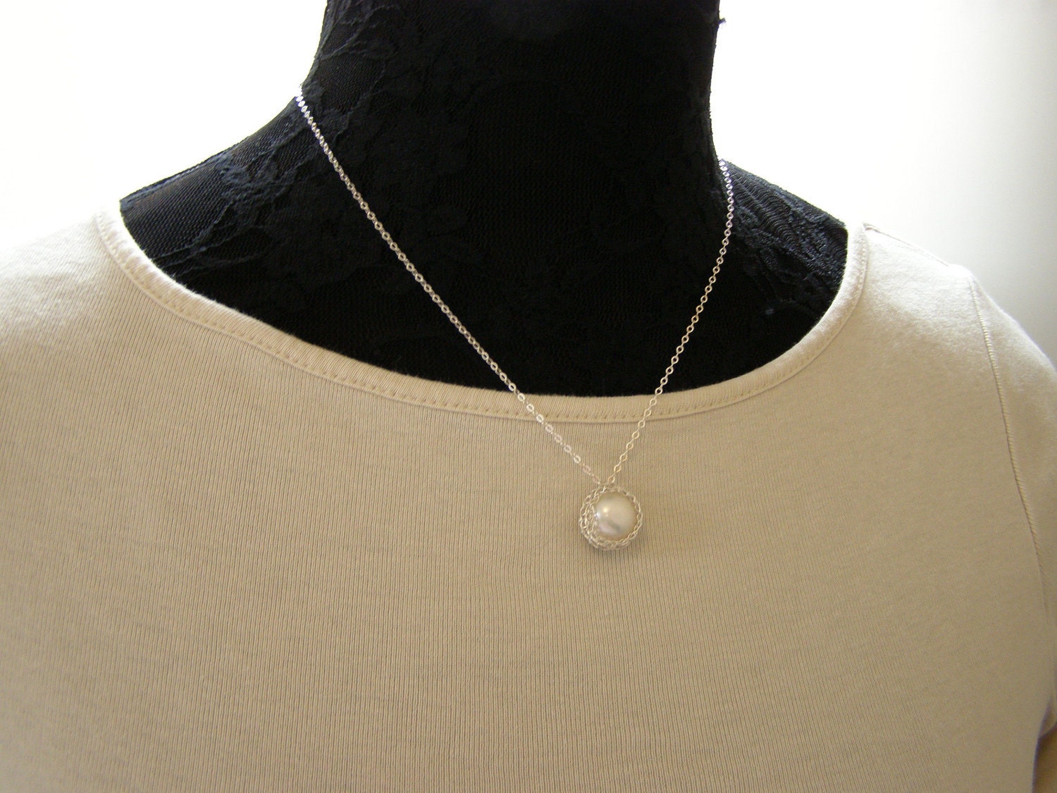 Pearl Pendant, Fine Silver Crochet Wire, Pearl Necklace, Crochet Silver, Bridesmaid Jewelry