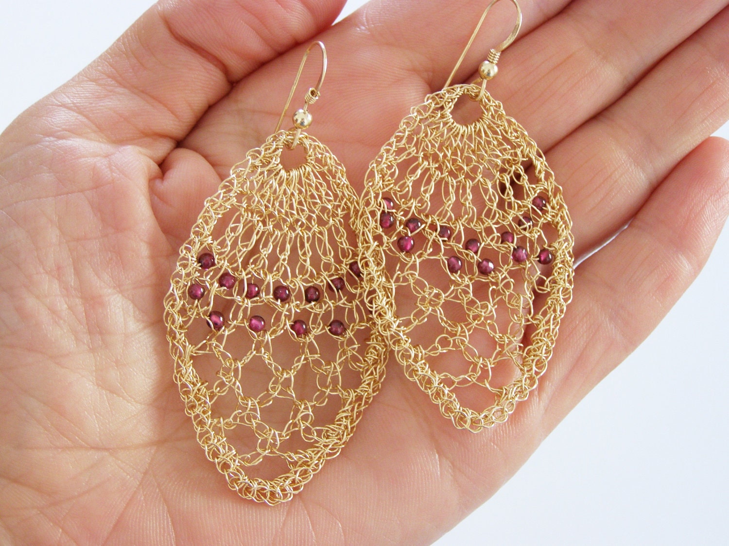 New Collection - Impressive Crochet Knitting Goldfilled Garnet Lace Earrings