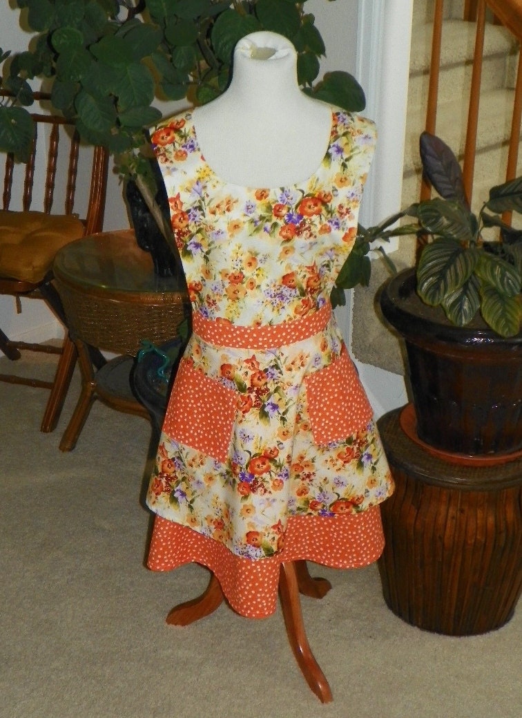 Orange and Blue Floral with Polka Dots Retro Double Skirt Apron