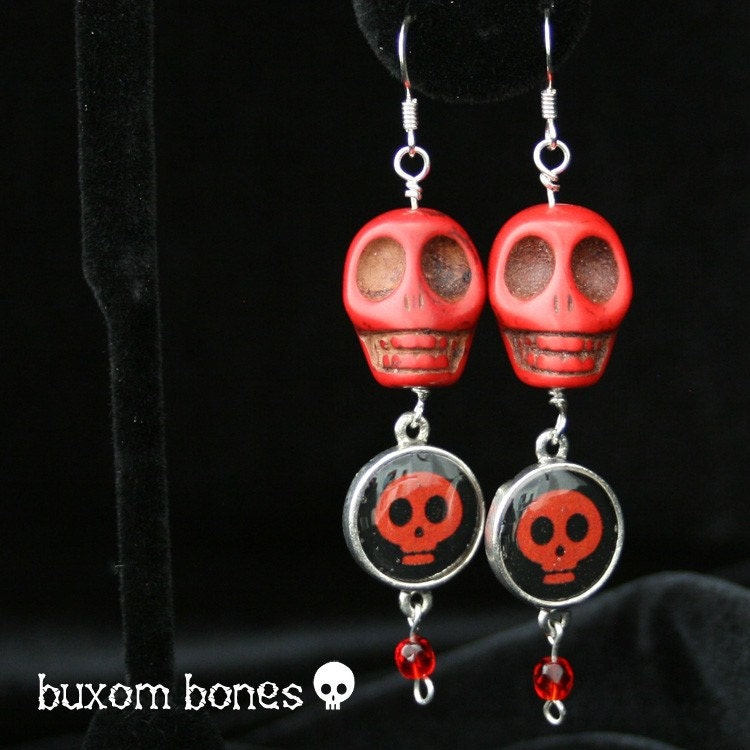 Gothic Skull Earrings - Look into My Eyes - Black and Rich Red