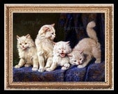 Vintage Playful White Cats Kittens Miniature Dollhouse Art Picture 6771