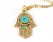 Turquoise Hamsa - Gold  hamsa, filigree hand, 14K gold filled, 18K gold plated sterling silver, turquoise charm -