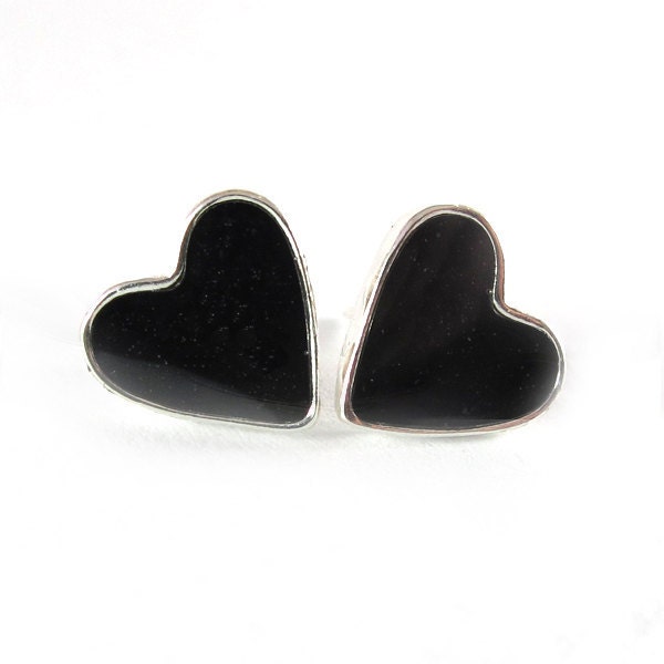 Post heart silver Earrings, Black heart, heart earrings , heart studs earrings, valentines day