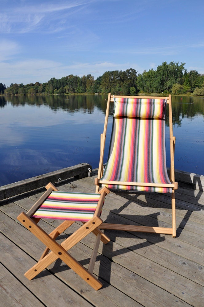 SALE 1 Oak Deck chair with removable bright striped sling and pillow with 1 Matching Stool OOAK