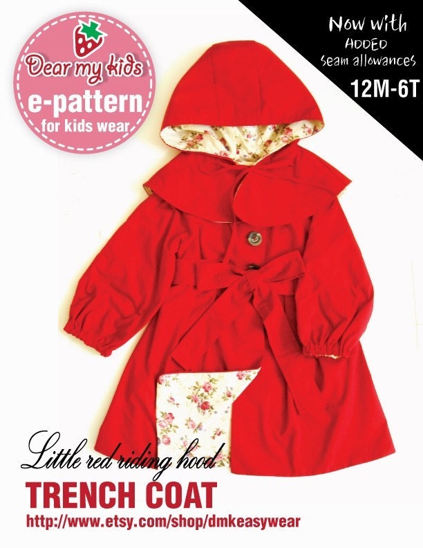 Little Red Riding Hood Trench Coat - raglan sleeves, elasticated sleeves, belt, cape hood ( Age 1 to 6) PDF patterns