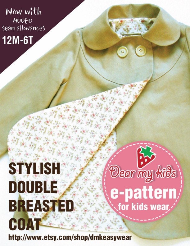 Stylish kids double breasted coat ( Age 1 to 6 ) PDF patterns