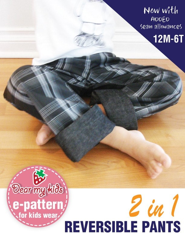 2 IN 1 Reversible Pants- One side pocket, elastic band waist (12M - 6T) PDF patterns