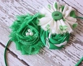 Go Green- kelly green and white chiffon flower, rosette and fabric ruffle headband