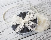 Rinley- dark denim frayed fabric ruffle and chiffon flower headband with lace