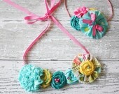 Candy Carnival toddler to adult rosette, ruffle & bloom bib necklace and headband set