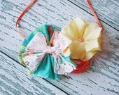 Little Whim- aqua, pink, peach, coral and yellow rosette and flower collage headband with feather