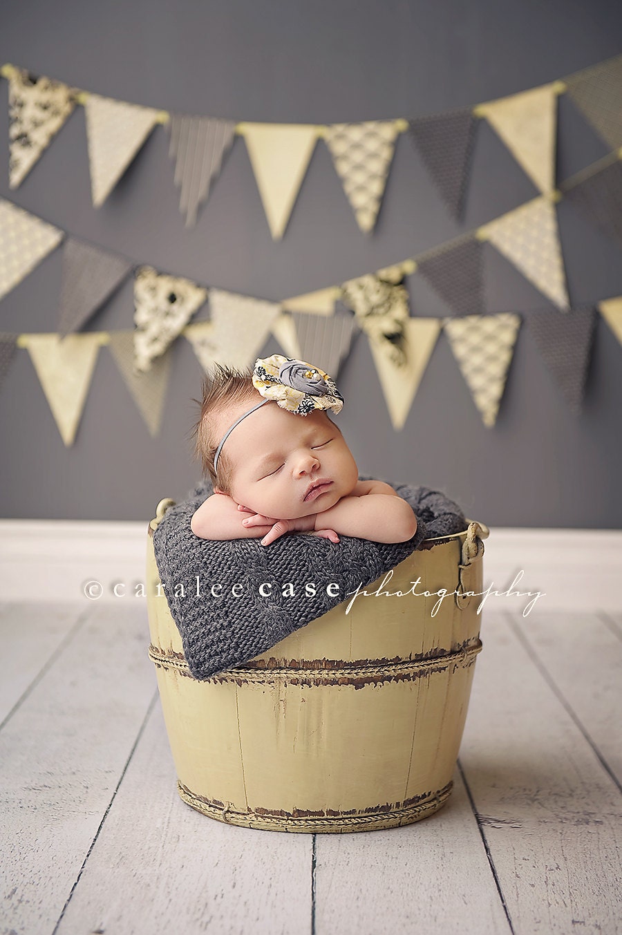 Reese- grey and yellow Delia style flower and rosette headband