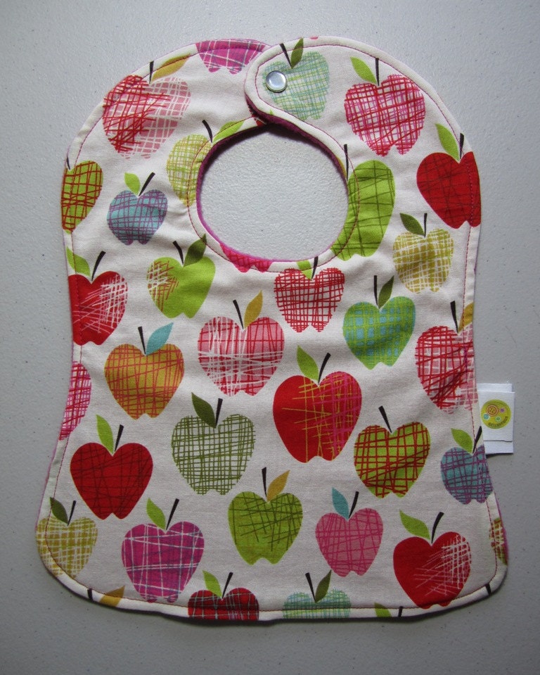 Baby Girl Apple Bib - Apple Crosshatch Fabric Snap Bib - Girl - Pink Farmdale Orchard - Alexander Henry - Crosshatch Apples