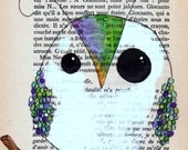 lime and violet spring owl --- 5x7 print of an original drawing on vintage French book page --- high quality card stock print