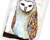 barn owl PRINT fine art owl print OWL ART --- replication of a multimedia painting - winter bird with colorful feathers on his wings