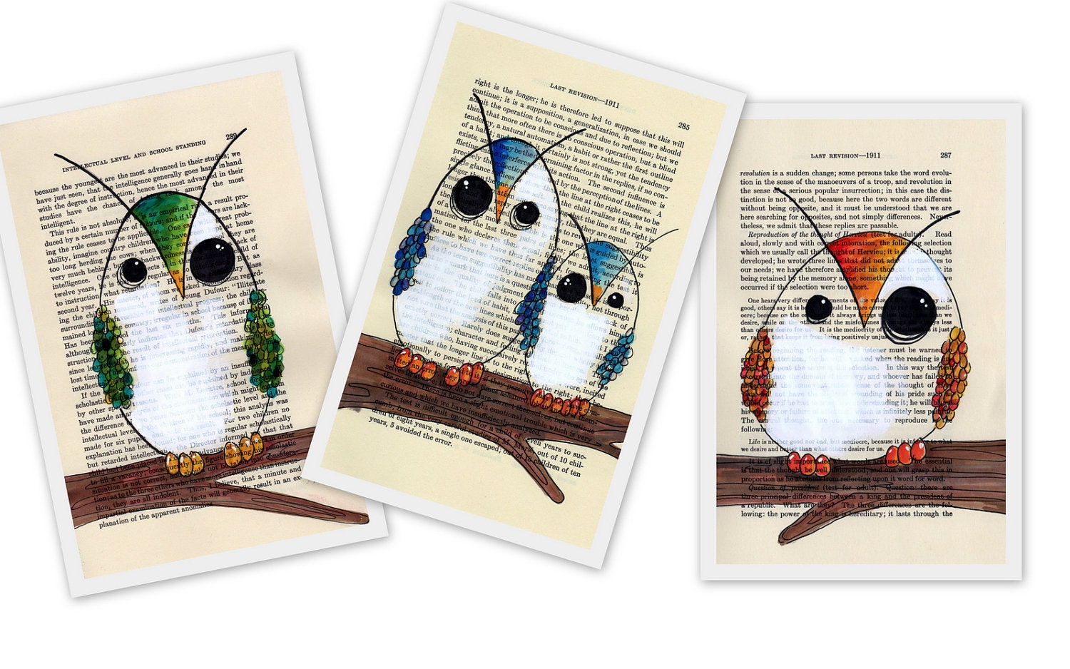 Set of 3 Giant Owl poster prints - Orange owl, teal green owl and Big blue owl and little blue owl in 11x17 poster print -
