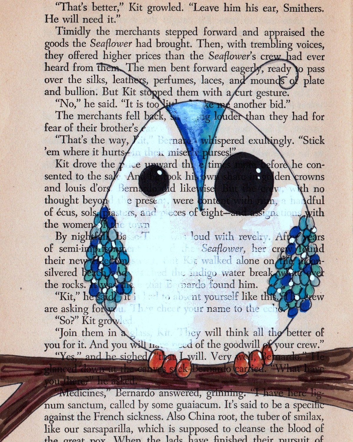 Owl custom drawing on old book page- own your own one of a kind owl on paper - eco / green / recycled / fantastic
