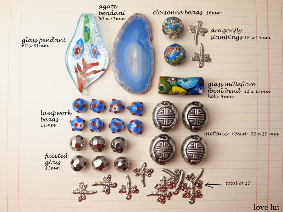 Bead Lot  Mix Glass, Lampwork, Blue Agate, Dragonfly Stampings - Blue Mix