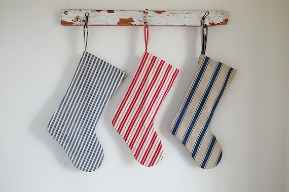 Christmas Stocking-Handmade Vintage Ticking -Small striped Blue And Tan Ticking Holiday Stocking