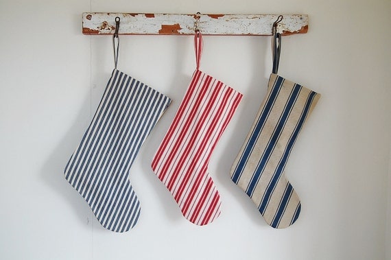 Christmas Stocking-Handmade Vintage Ticking -Small striped Blue And Tan Ticking Holiday Stocking