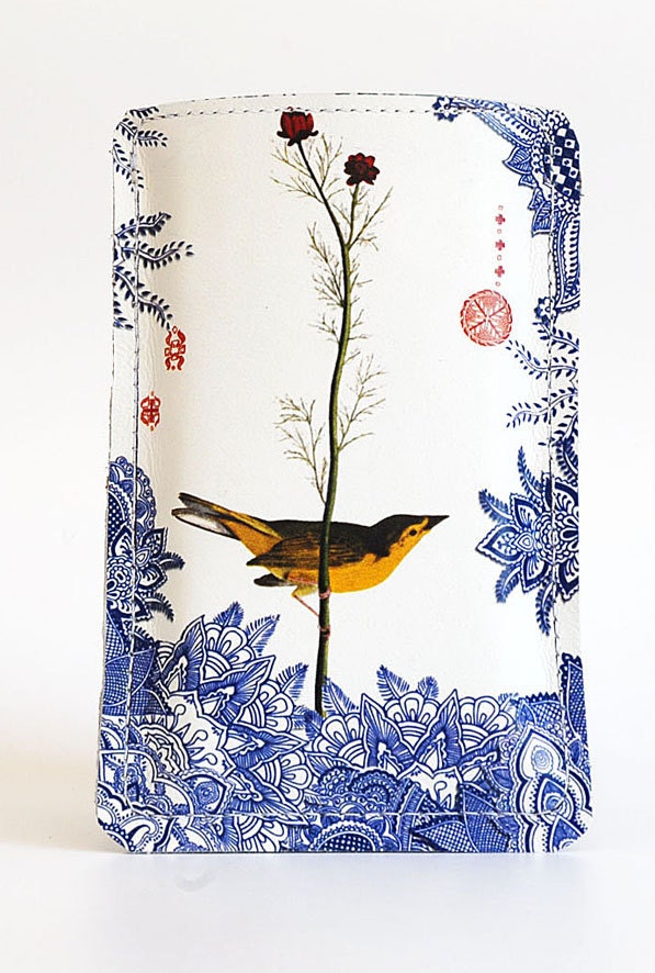 Mothers Day Printed Leather iPhone case with Yellow Bird and China Blue Design for all smart phones exc Blackberry and HTC HD