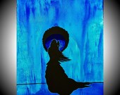 Rainy September LARGE ORIGINAL Painting 18" x 24" Acrylic on Canvas Amber Elizabeth Lamoreaux Blue Cobalt Rain Aqua Woman Umbrella